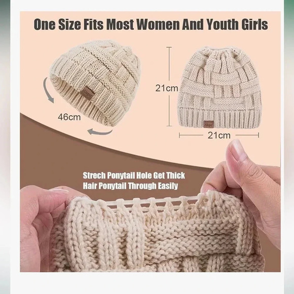 NWOT Alepo Womens High Messy Bun Beanie Hat with Ponytail Hole beige - Picture 3 of 5